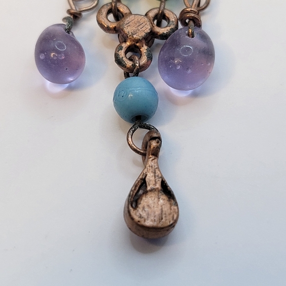 Blue and Lavender Crystal and Beaded Flower Dangle  Earrings - Picture 11 of 16